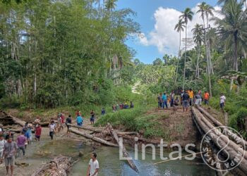 Satgas Yon Arhanud 3/YBY Bantu Perbaikan Jembatan Penghubung Antar Desa