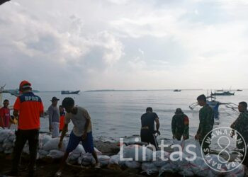 Satgas Satuan Organik Yon Arhanud 3/YBY Bantu Membuat Tanggul Sementara Penahan Air di Bibir Pantai