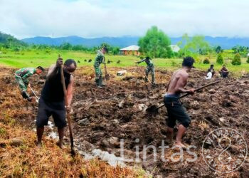 Semangat Personel Kesatria Jaya Satgas YR 142/KJ Bantu Warga Buka Lahan Perkebunan