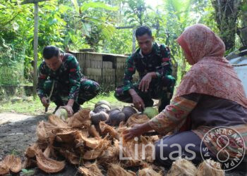 Anggota Satgas TMMD Reguler Ke-116 Bantu Warga Kupas Kelapa Di Sela-Sela Istirahat