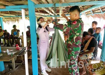 Peduli Kesehatan Anak-Anak di Perbatasan Satgas Yonif 122/TS Melaksanakan Posyandu Terpadu di Kampung Kibay Papua