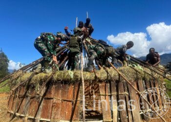 Lestarikan Rumah Tradisional, Satgas Yonif 323 Gotong Royong Bangun Honai