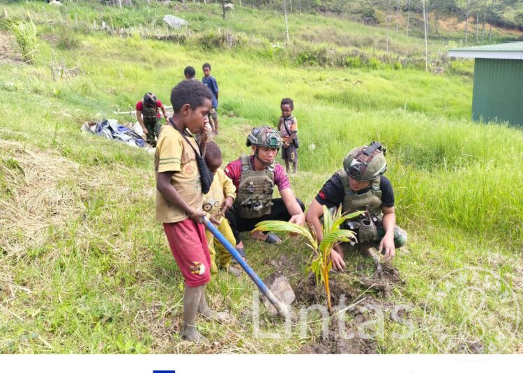 Menebar Harapan Untuk Masa Depan Hijau Papua, Satgas TNI Tanam Pohon Kelapa bersama Warga Wuloni Papua